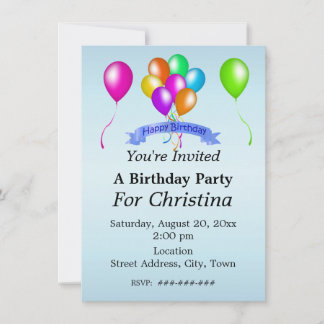 Bright Festival Birthday Balloons Banner Blue Einladung