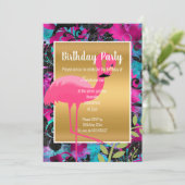 BRIGHT FLAMINGO HAWAIIAN FLORAL GOLD EINLADUNG (Stehend Vorderseite)