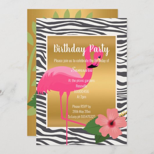 BRIGHT FLAMINGO HIBISKUS BLACK ZEBRA GEMUSTERT EINLADUNG (Vorne/Hinten)