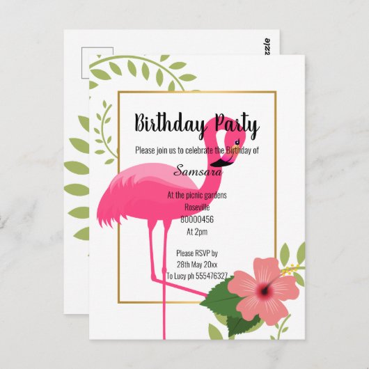 BRIGHT FLAMINGO HIBISKUS WHITE GOLD GEBURTSTAG POSTKARTE (Vorne/Hinten)
