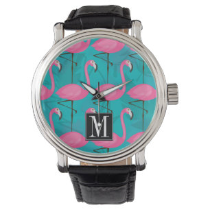 Bright Flamingo Pattern   Anfänglich hinzufügen Armbanduhr