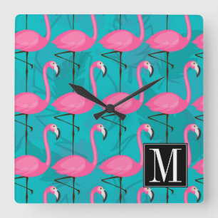 Bright Flamingo Pattern   Anfänglich hinzufügen Quadratische Wanduhr