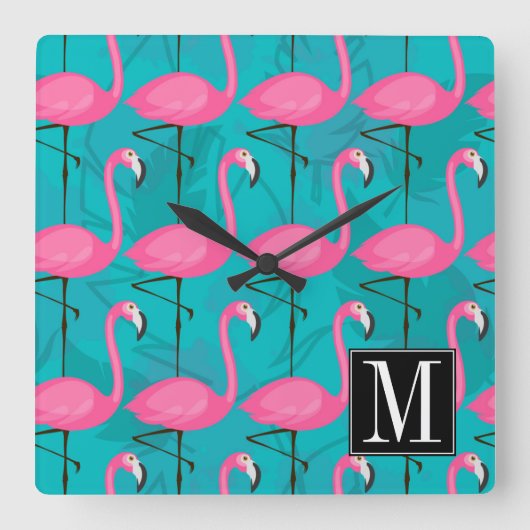Bright Flamingo Pattern | Anfänglich hinzufügen Quadratische Wanduhr (Vorderseite)