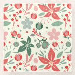 Bright Floral Design with Green Leaves and Dot Glasuntersetzer<br><div class="desc">Floral pattern with red and pink flowers,  green leaves,  and dots on a white background. The design feels vibrant and whimsical.</div>
