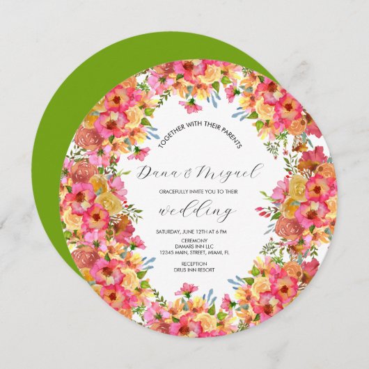 Bright Florals Pink Mix Watercolor Wedding Circle Einladung (Vorne/Hinten)
