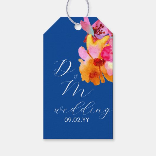 Bright Florals Watercolor Monogram Blue Wedding Geschenkanhänger (Vorderseite)