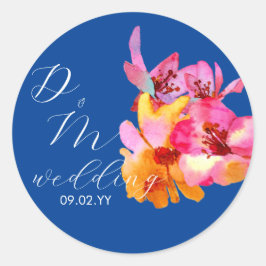 Bright Florals Watercolor Monogram Blue Wedding Runder Aufkleber