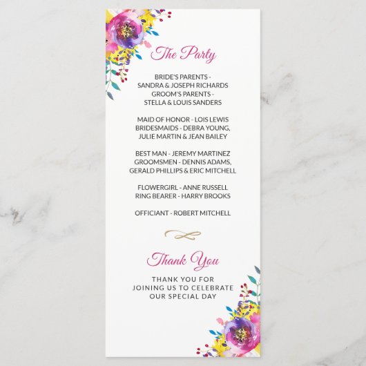 Bright Fuchsia Gold Blossom Floral Wedding Program Programm (Rückseite)