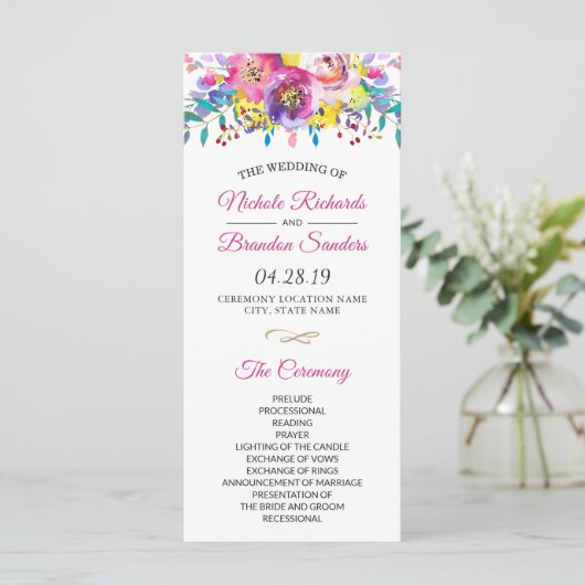 Bright Fuchsia Gold Blossom Floral Wedding Program Programm (Stehend Vorderseite)