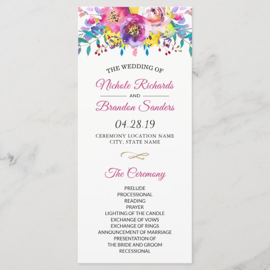 Bright Fuchsia Gold Blossom Floral Wedding Program Programm (Vorderseite)