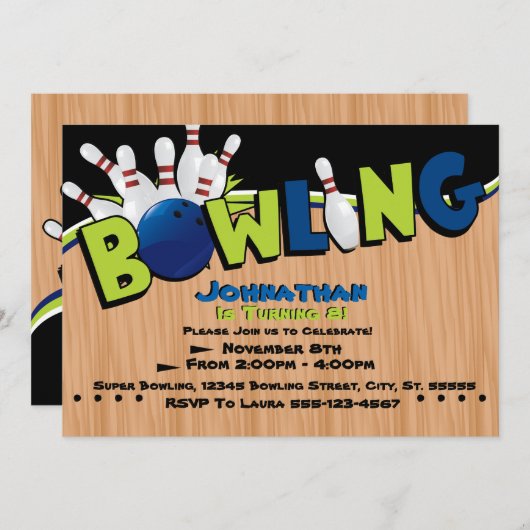 Bright & Fun Bowling Geburtstagseinladungen Einladung (Vorne/Hinten)
