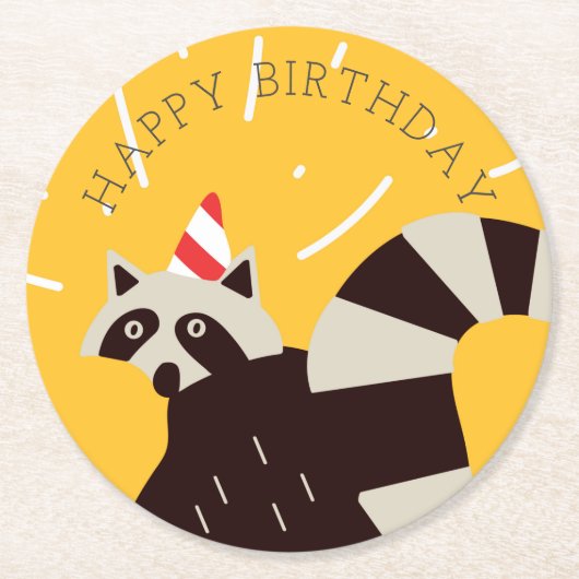 Bright Funky Happy Birthday Raccoon Paper Plate Runder Pappuntersetzer (Vorderseite)