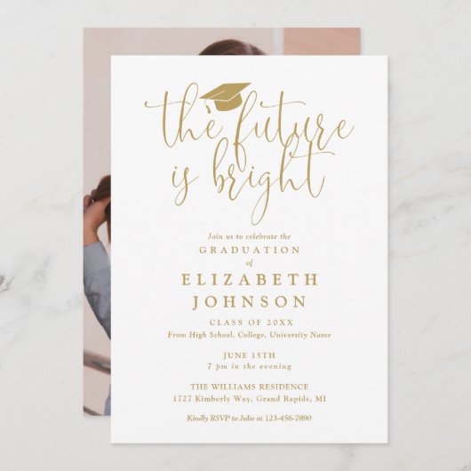 Bright Future Gold Script Foto Graduation Party Einladung (Vorne/Hinten)
