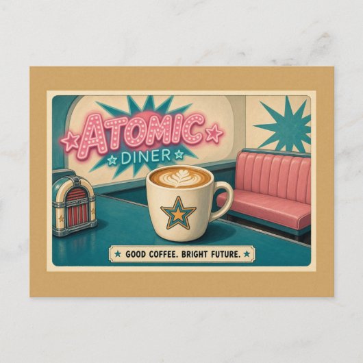 Bright Future Retro Atomic Diner Star Latte Postkarte (Vorderseite)