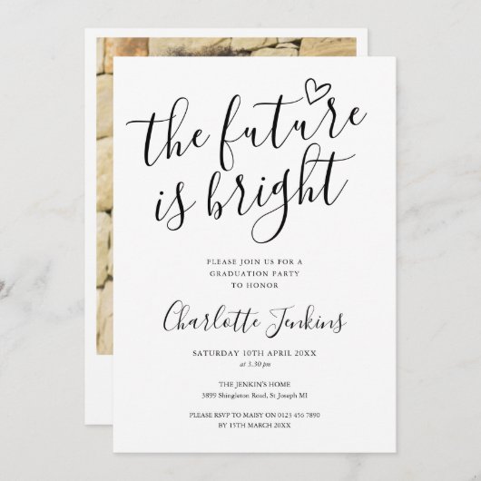 Bright Future Script Heart Foto Graduation Party Einladung (Vorne/Hinten)