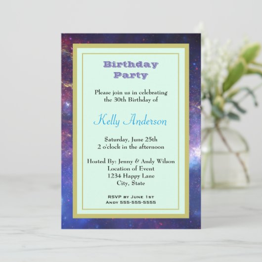 Bright Glowing Galaxy in Outer Space Einladung (Stehend Vorderseite)