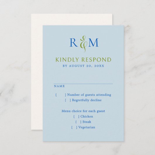 Bright Green Blue Simple Monogram Wedding RSVP (Vorne/Hinten)