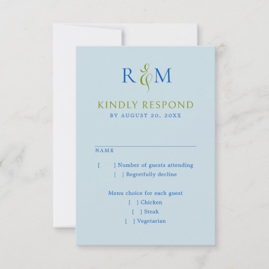 Bright Green Blue Simple Monogram Wedding RSVP Karte (Vorderseite)