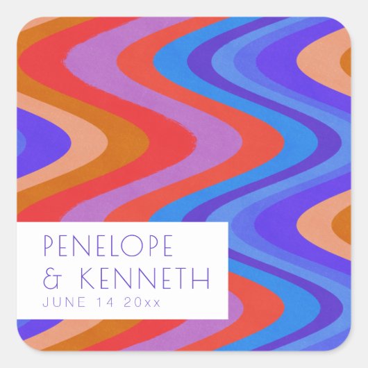 Bright Groovy Retro Blue Lila Wedding Custom Quadratischer Aufkleber (Vorderseite)