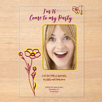 Bright Happy Purple & Yellow Flower 16th Birthday Acryleinladungen