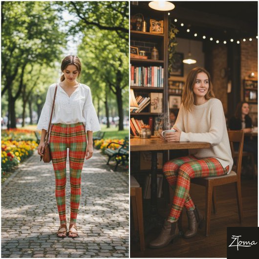 Bright Holiday Red Green Tartan Plaid Leggings