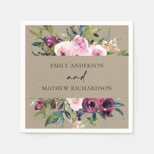 BRIGHT KRAFT BLUSH BURGUNDY FLORAL BUNCH WEDDING SERVIETTE (Vorderseite)