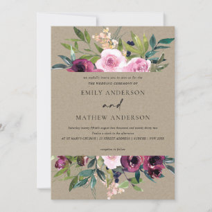 BRIGHT KRAFT BLUSH BURGUNDY FLORAL BUNCH WEDING EINLADUNG
