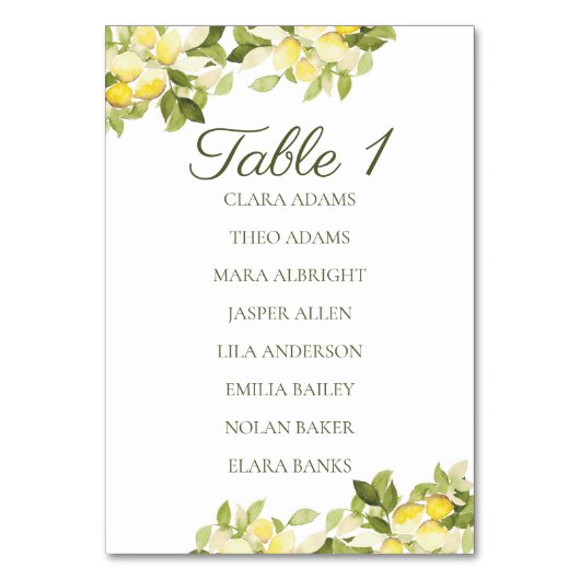Bright Lemon Fresh Wedding Seating Chart Card Tischnummer (Vorderseite)