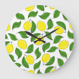 Bright Lemons Green Blätter Pattern Große Wanduhr