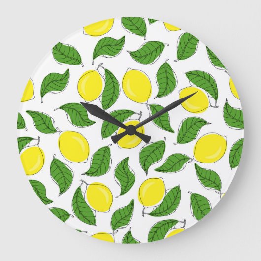 Bright Lemons Green Blätter Pattern Große Wanduhr (Vorderseite)