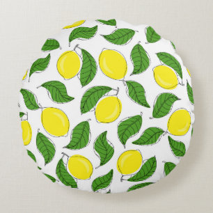 Bright Lemons Green Blätter Pattern Rundes Kissen
