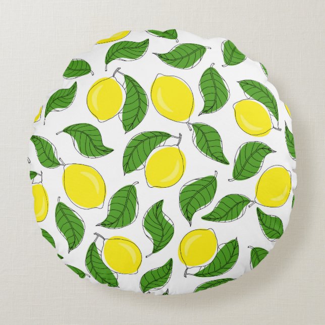 Bright Lemons Green Blätter Pattern Rundes Kissen (Vorderseite)