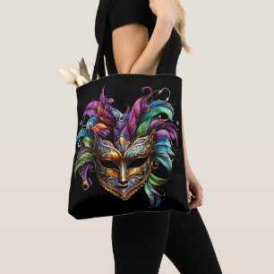 BRIGHT MARDI GRAS MASK MIT FEATHERS TASCHE