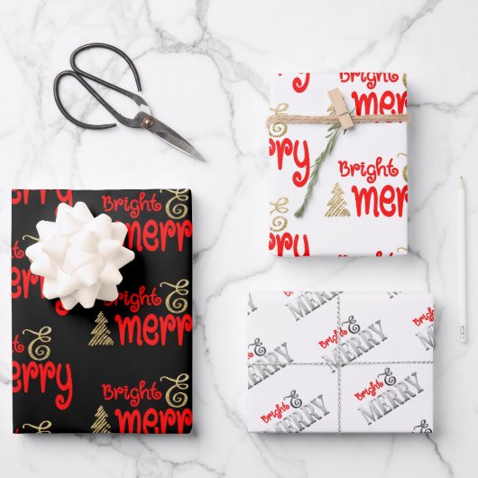 Bright Merry Typografie Red Black Gold Weihnachten Geschenkpapier Set (Vorderseite)