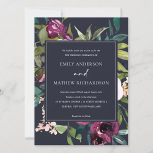 BRIGHT NAVY BLUSH BURGUNDY FLORAL BUNCH WEDING EINLADUNG