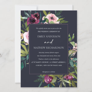 BRIGHT NAVY BLUSH BURGUNDY FLORAL BUNCH WEDING EINLADUNG