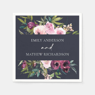 BRIGHT NAVY BLUSH BURGUNDY FLORAL BUNCH WEDING SERVIETTE