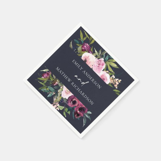 BRIGHT NAVY BLUSH BURGUNDY FLORAL BUNCH WEDING SERVIETTE (Ecke)