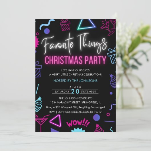 Bright Neon Favorite Things Weihnachts-Party Einladung (Stehend Vorderseite)