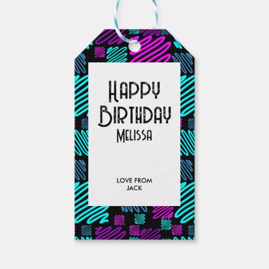 Bright Neon Geometric Muster Black Birthday Geschenkanhänger (Vorderseite)