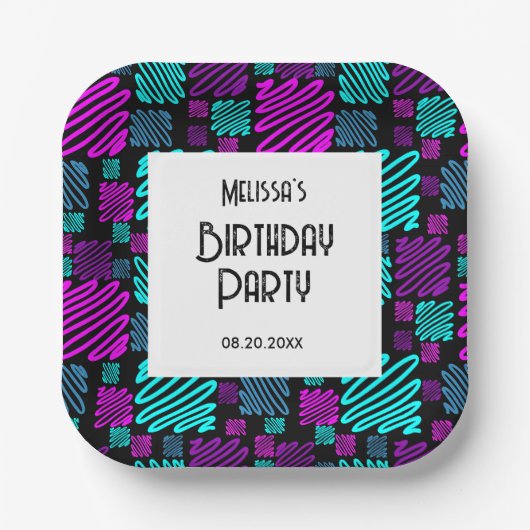 Bright Neon Geometric Muster Black Birthday Pappteller (Vorderseite)