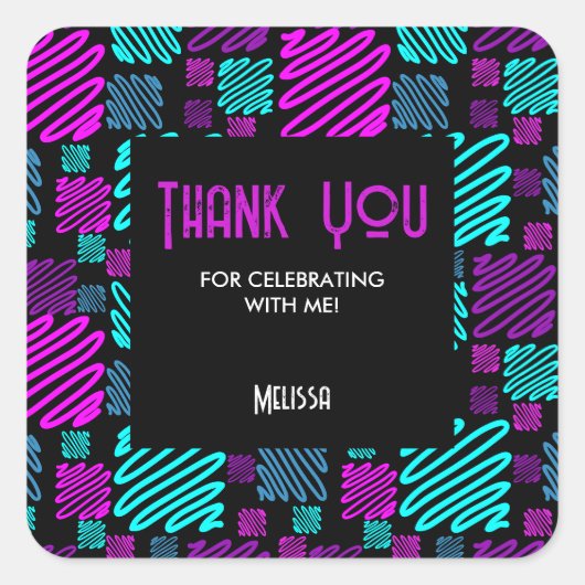 Bright Neon Lila Blue Geometric Vielen Dank Quadratischer Aufkleber (Vorderseite)