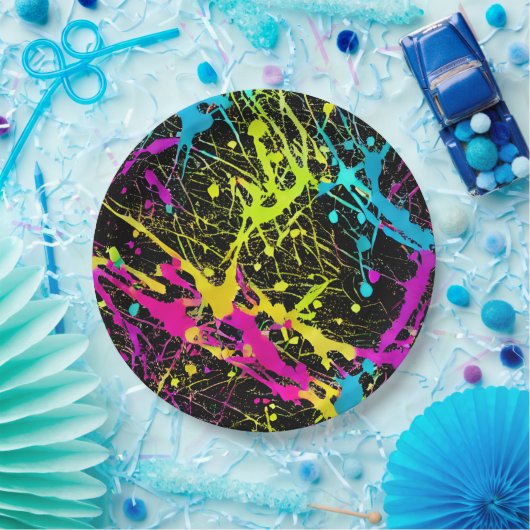 Bright Neon Paint Spritzer Pappteller (Party)
