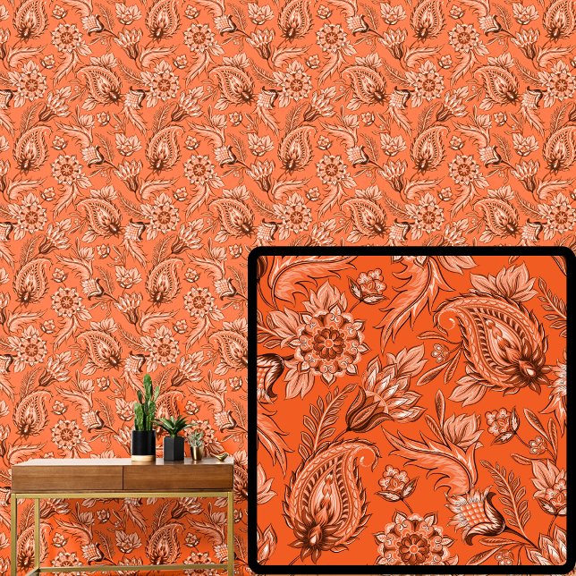 Bright Orange Brown Floral Paisley Elegant Tapete (Von Creator hochgeladen)