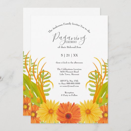 Bright Orange Daisy Baby Boy Paganing Zeremonie Einladung (Vorne/Hinten)