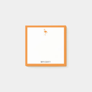 Bright Orange Flamingo & Border on White mit Name Post-it Klebezettel