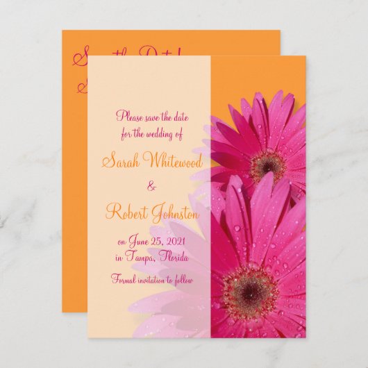 Bright Orange Pink Gerbera Daisy Save the Date (Vorne/Hinten)
