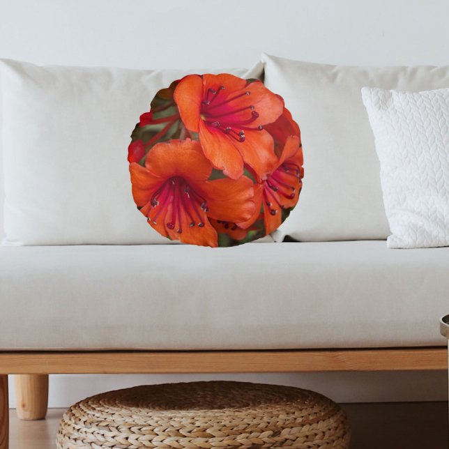Bright Orange Rhododendron Blooms Floral Rundes Kissen (In Situ Sofa)