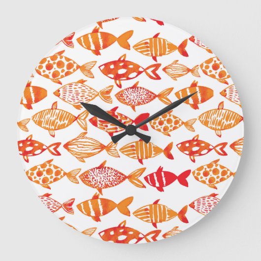Bright Orange Watercolor Fish Pattern Große Wanduhr (Vorderseite)