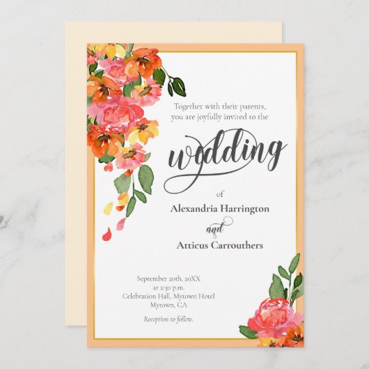 Bright Orange Watercolor Floral Einladung (Vorne/Hinten)